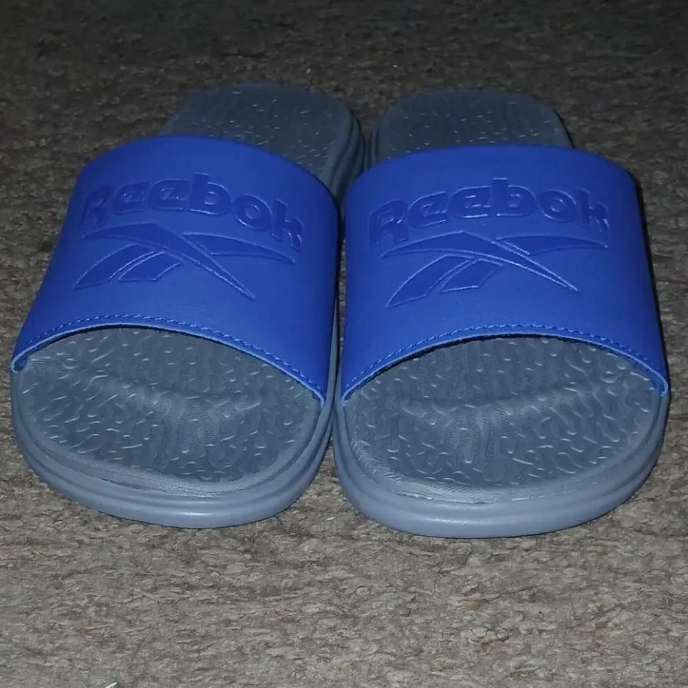 Reebok Men's Blue and Grey Slides